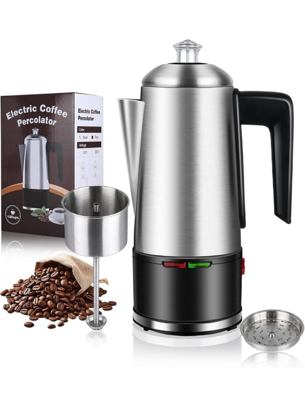 12-Cup Electric Coffee Percolator, Stainless Steel, Auto Keep Warm, Cool-Touch